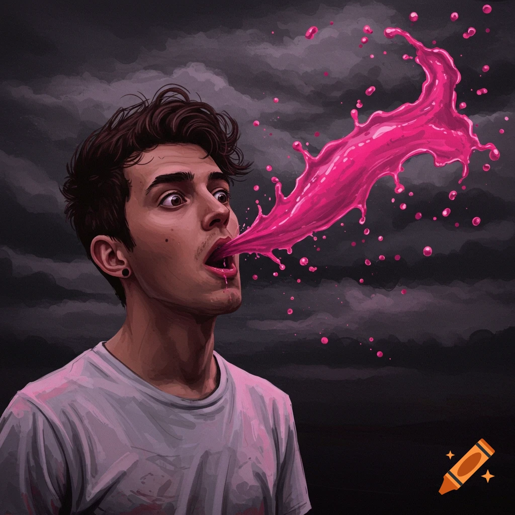 A guy spitting a large splash of pink liquid against a dark, cloudy background.