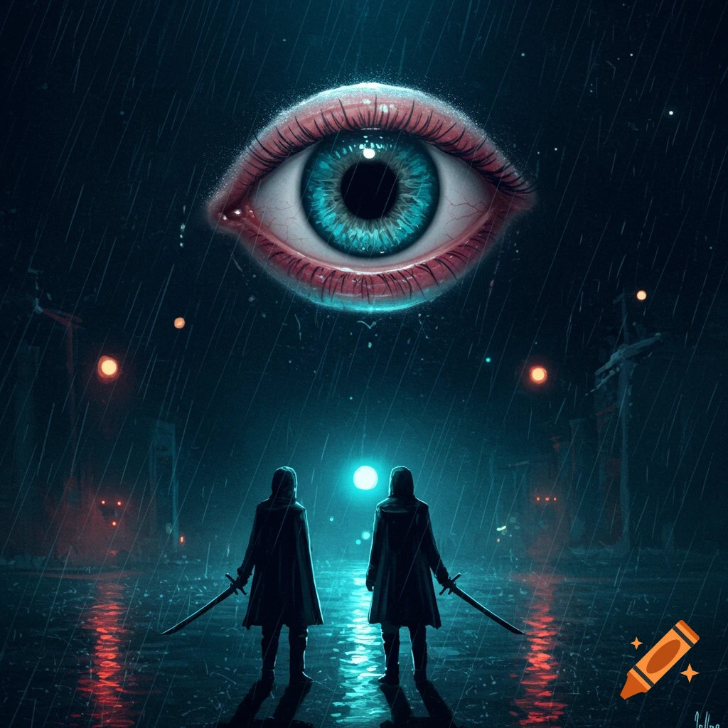 Two figures with swords look up at a giant eye in the rainy night sky.