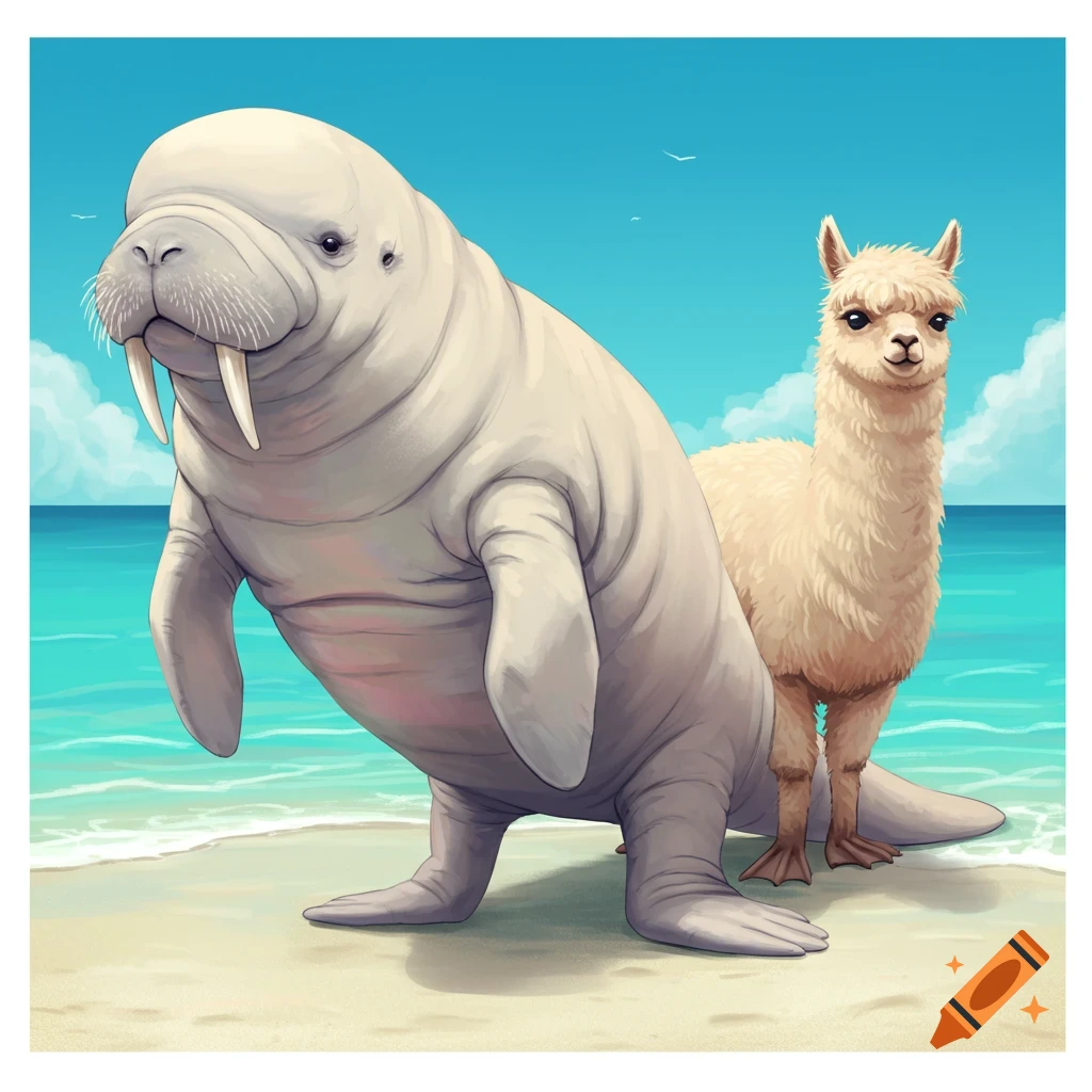 Hybrid creature with walrus front and alpaca rear standing on a beach