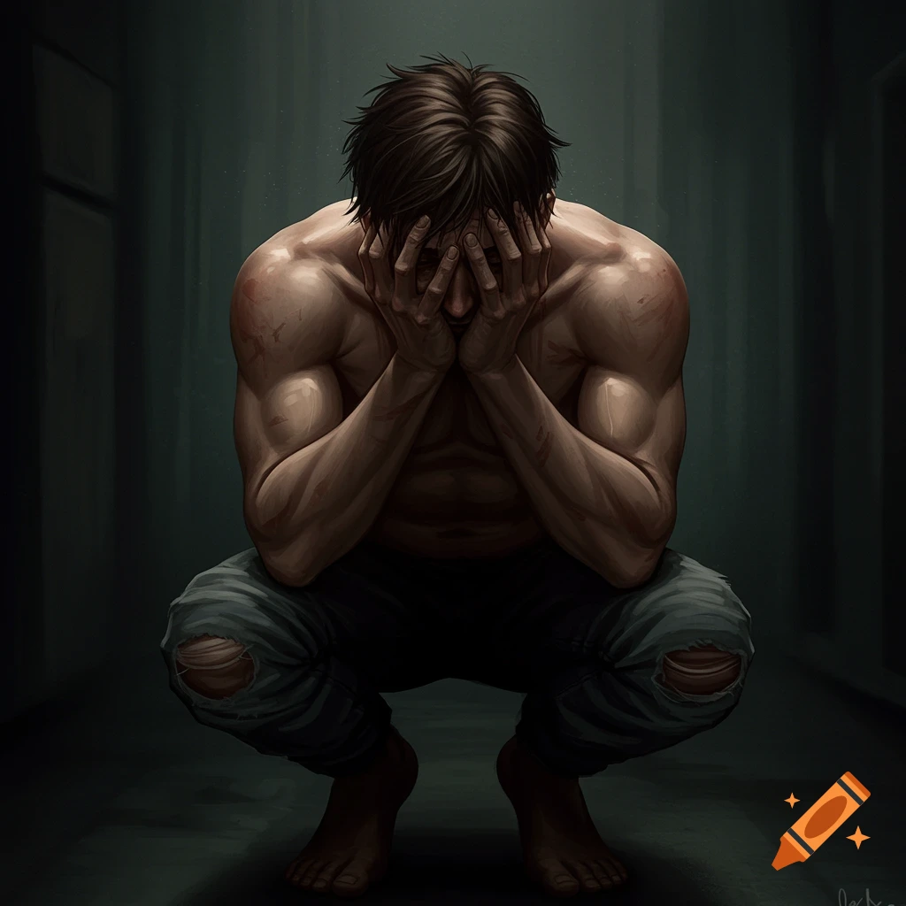 A muscular man is crouching in a dark room, hiding his face in his hands.