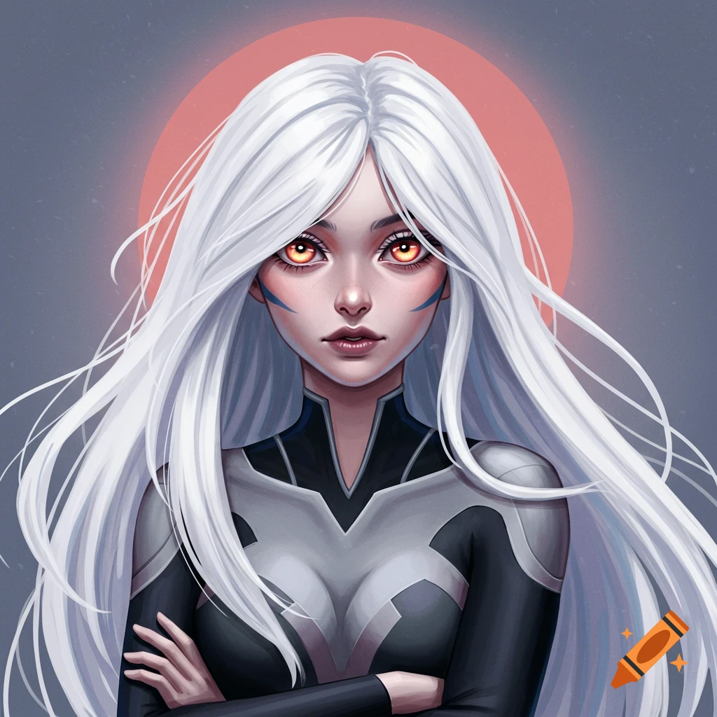 A girl superhero with long white hair, orange eyes, and a black and gray suit.