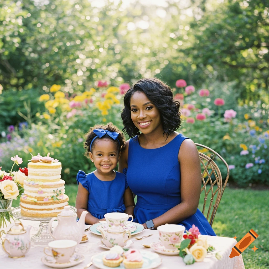 Mother and daughter in blue dresses at a tea party table in a sunlit garden.