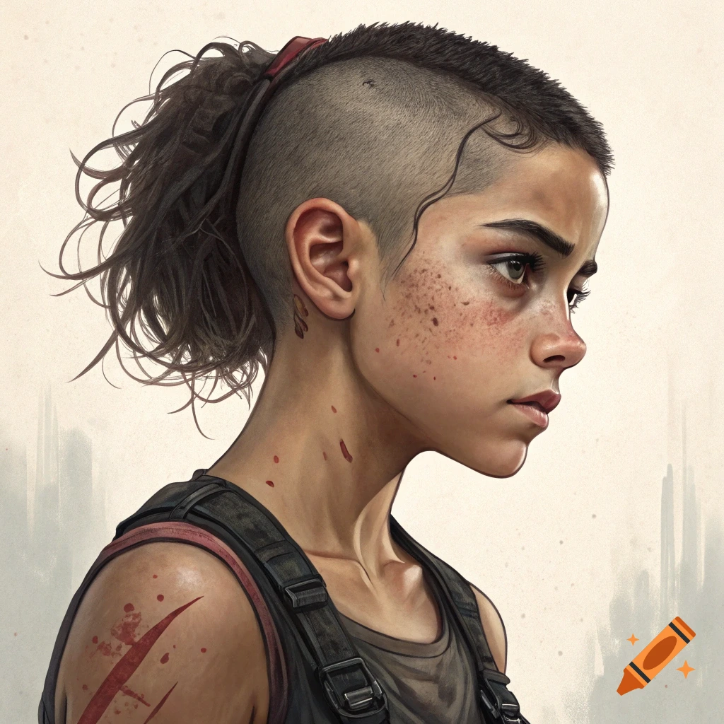 Digital art profile portrait of a young person with a partially shaved head, freckles, injuries, wearing a dark vest.