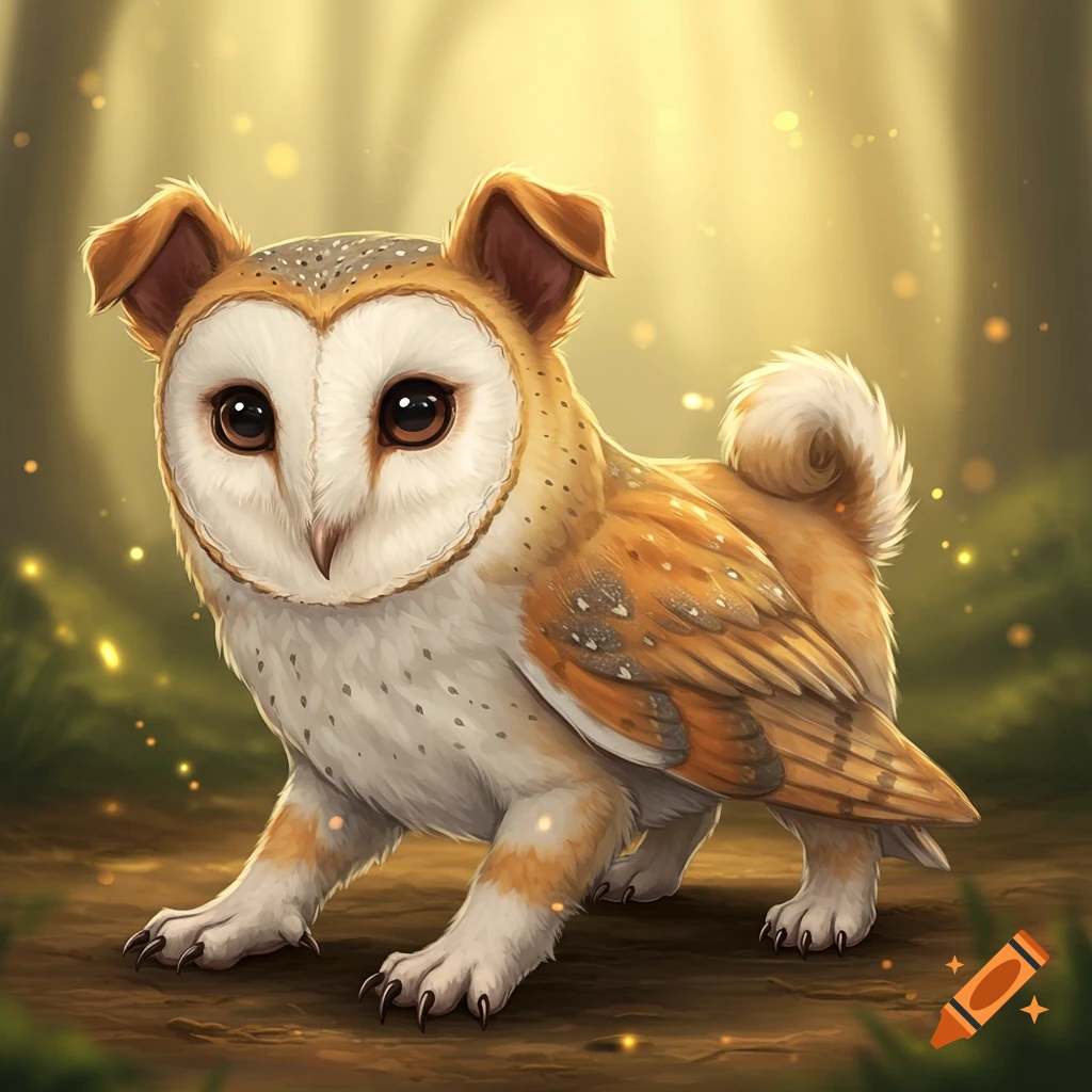 Barn owl puppy hybrid with dog ears, owl body, and wings on Craiyon