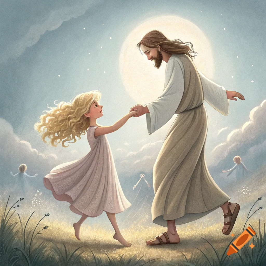 Blonde girl dances holding hands with Jesus in a bright, cloudy spiritual landscape.