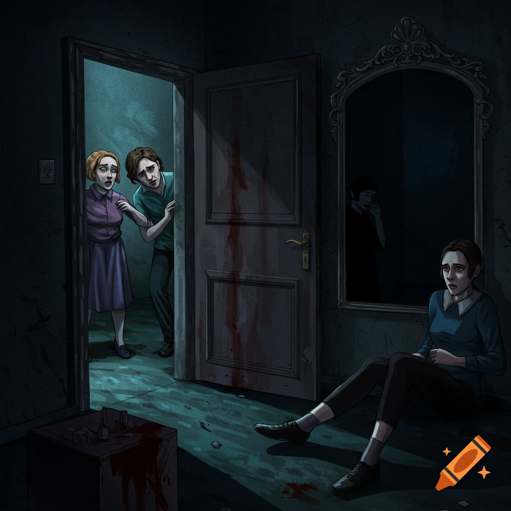 People looking scared in a dark room with blood and a mirror reflecting a distorted figure.