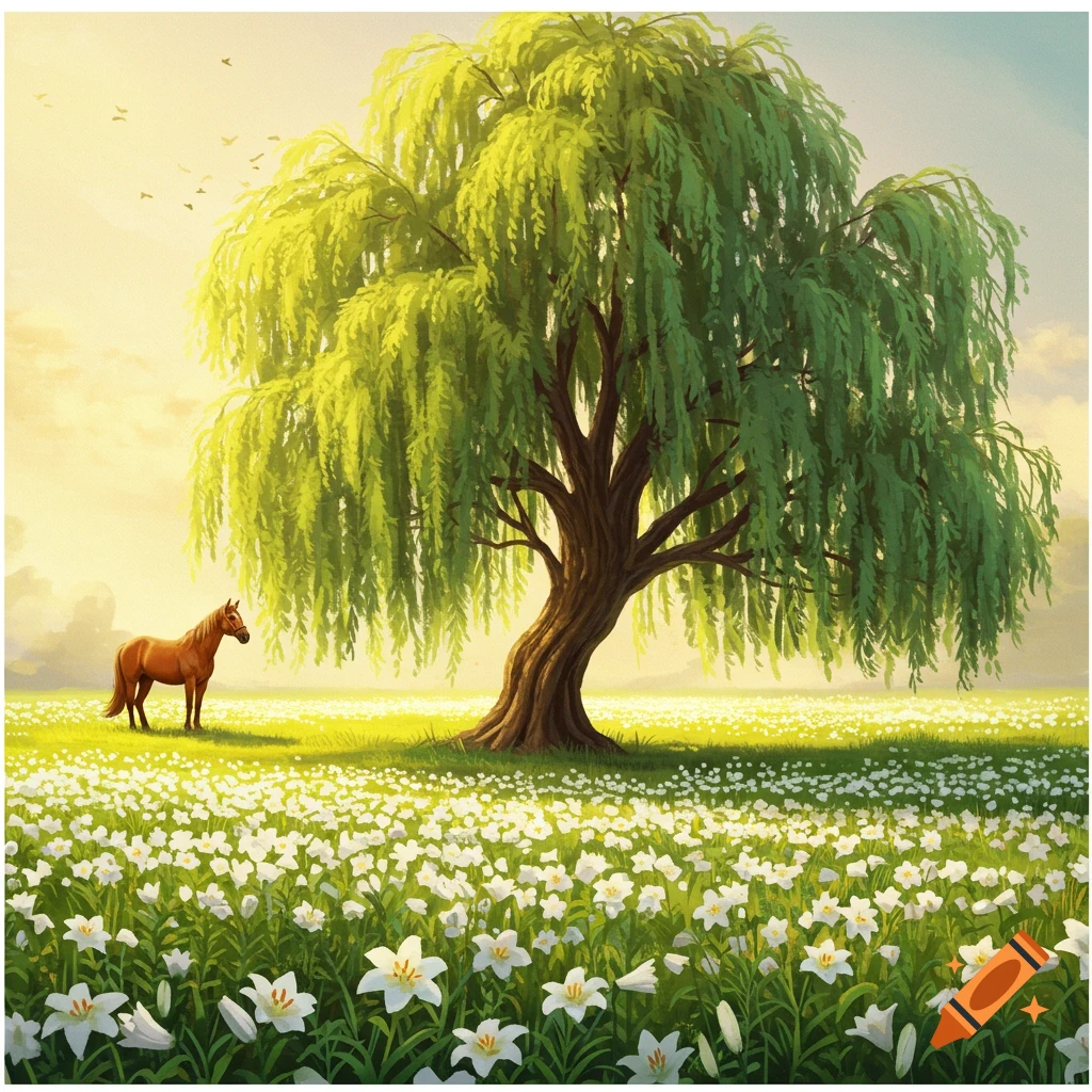 A horse stands near a large willow tree in a field of white lilies.