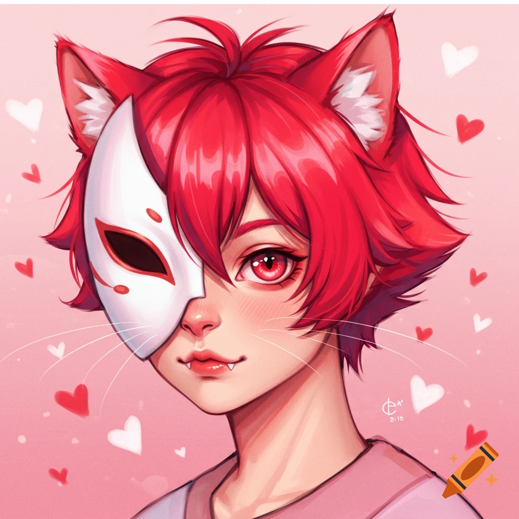 Anime portrait of a cat boy with red hair, white mask, and cat ears, with a pink heart background.