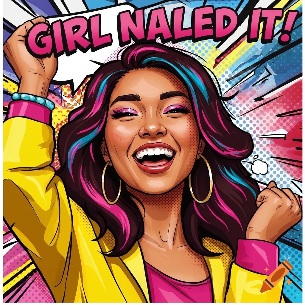 Pop art illustration of a woman cheering with fists raised, text reads "GIRL NALED IT!"
