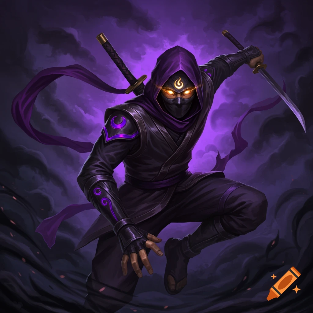 A ninja with purple accents and glowing gold eyes in a dynamic pose against a dark background.