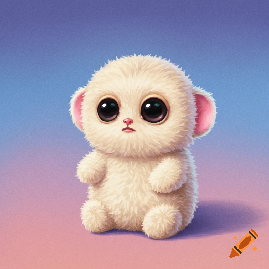 A small, white, fluffy creature with big eyes, like a plush toy.