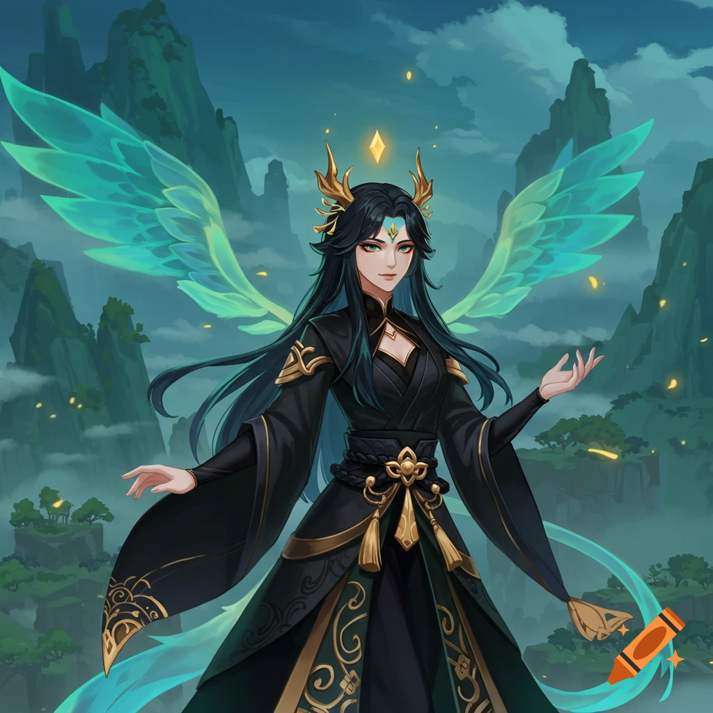 A fantasy character with teal wings and dark ornate clothing stands in a mountain landscape.