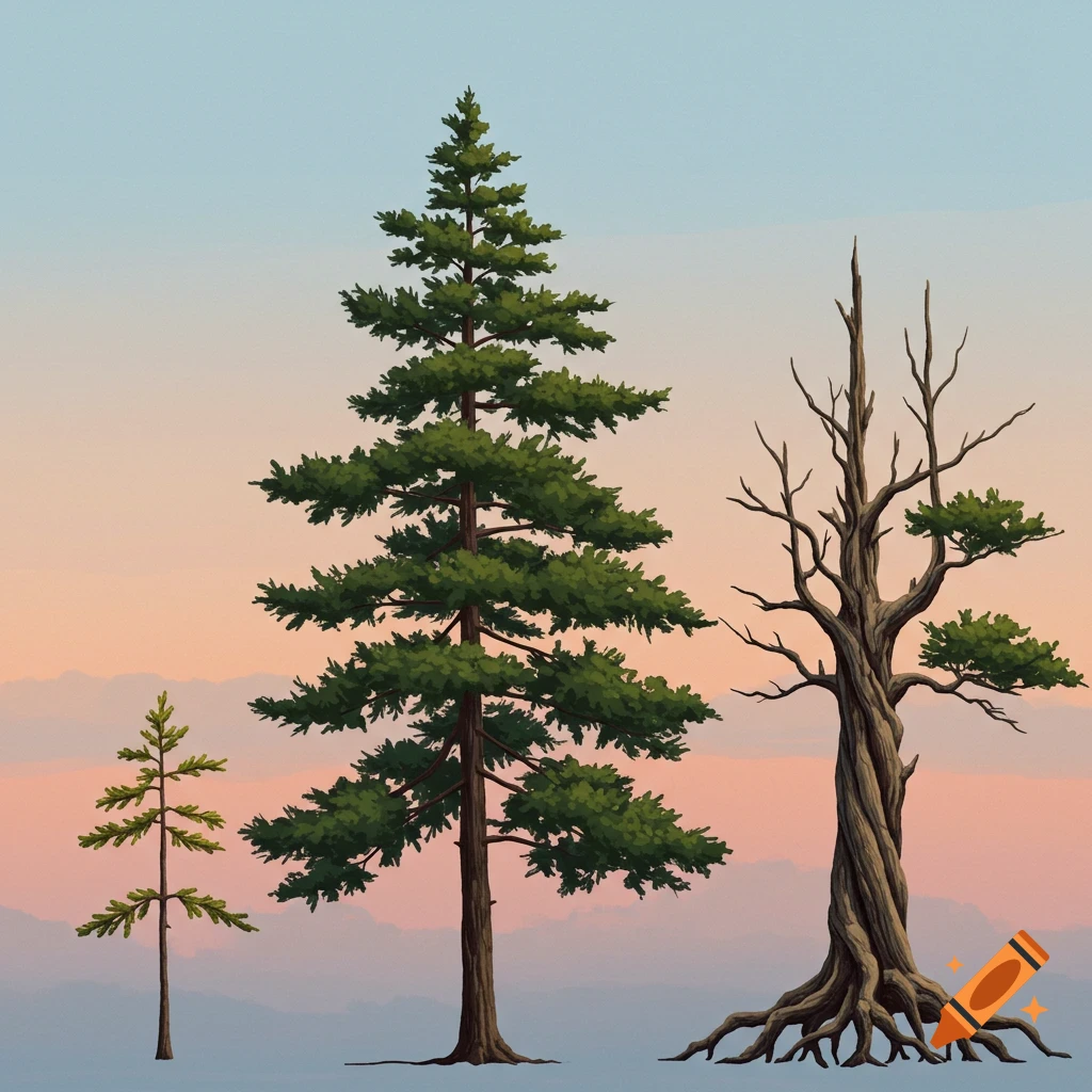 Three pine trees - a sapling, a tall tree, and a twisted dead tree with exposed roots - against a sunset sky.