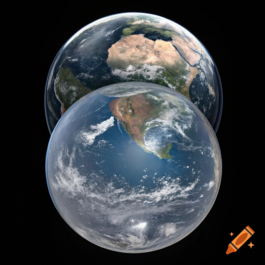 Two realistic renders of the Earth, one in front showing South America, one behind showing Africa and Europe, against a black background.