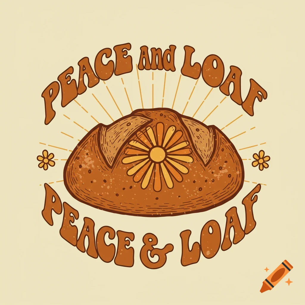 Retro style illustration logo for Peace and Loaf featuring a loaf of bread with text and flowers.