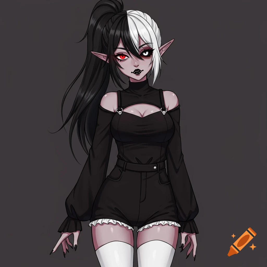Anime character with split black and white hair, red and white eyes, elf ears, wearing a black romper and white thigh highs.
