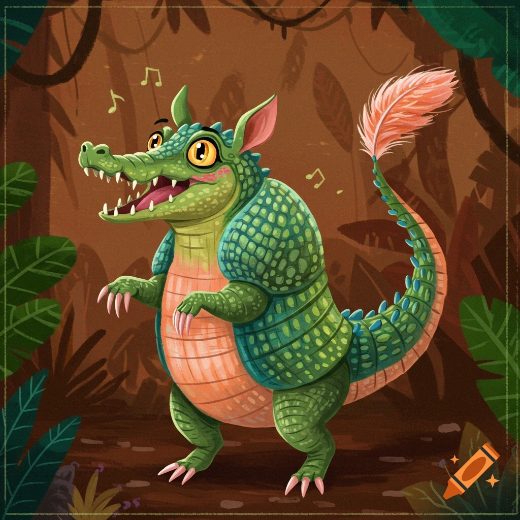 Cartoon armadillo-crocodile hybrid creature dancing in a jungle with musical notes.