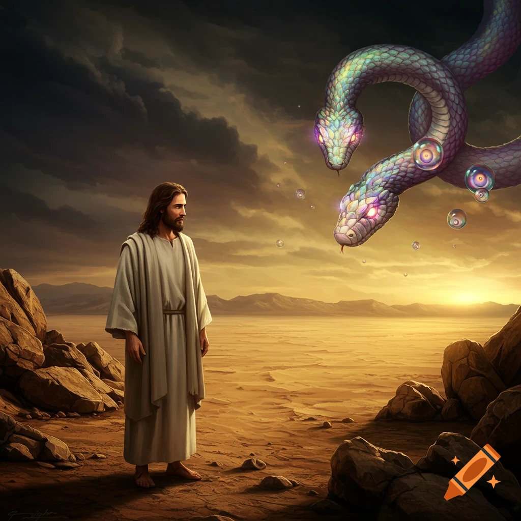 Jesus stands in a desert looking at a two-headed fantasy snake in the sky.