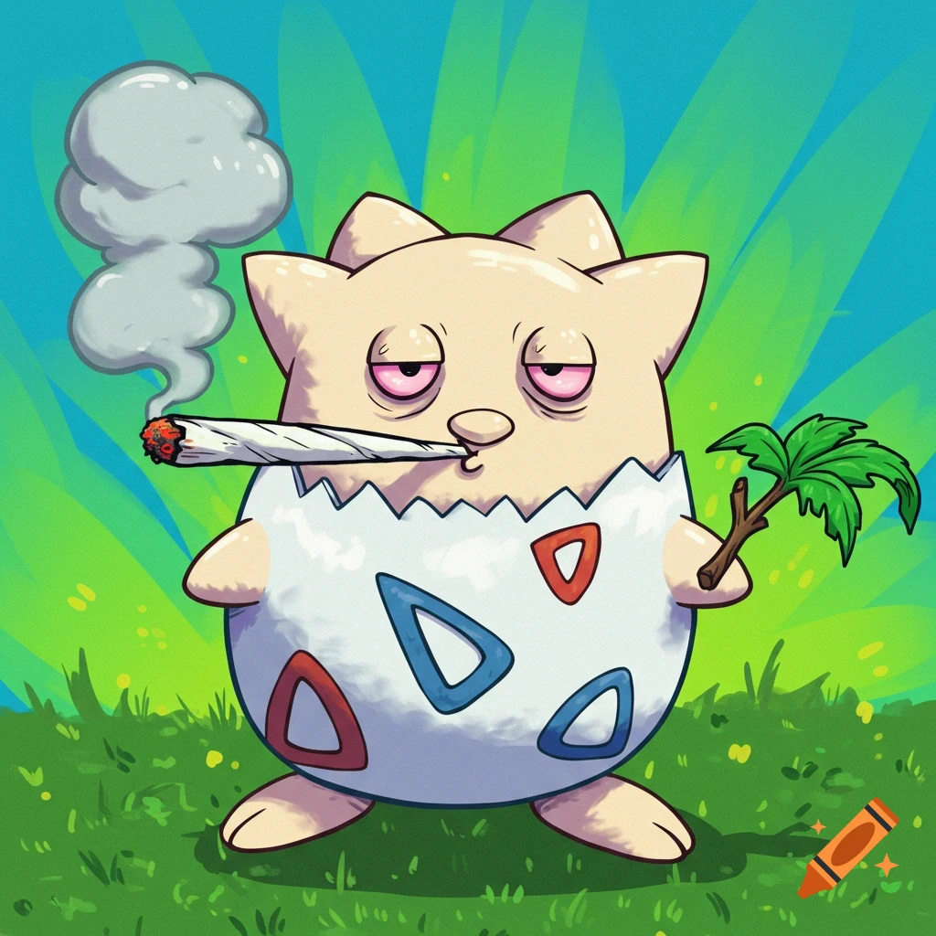 Cartoon Togepi smoking a joint and holding a palm frond in a grassy field