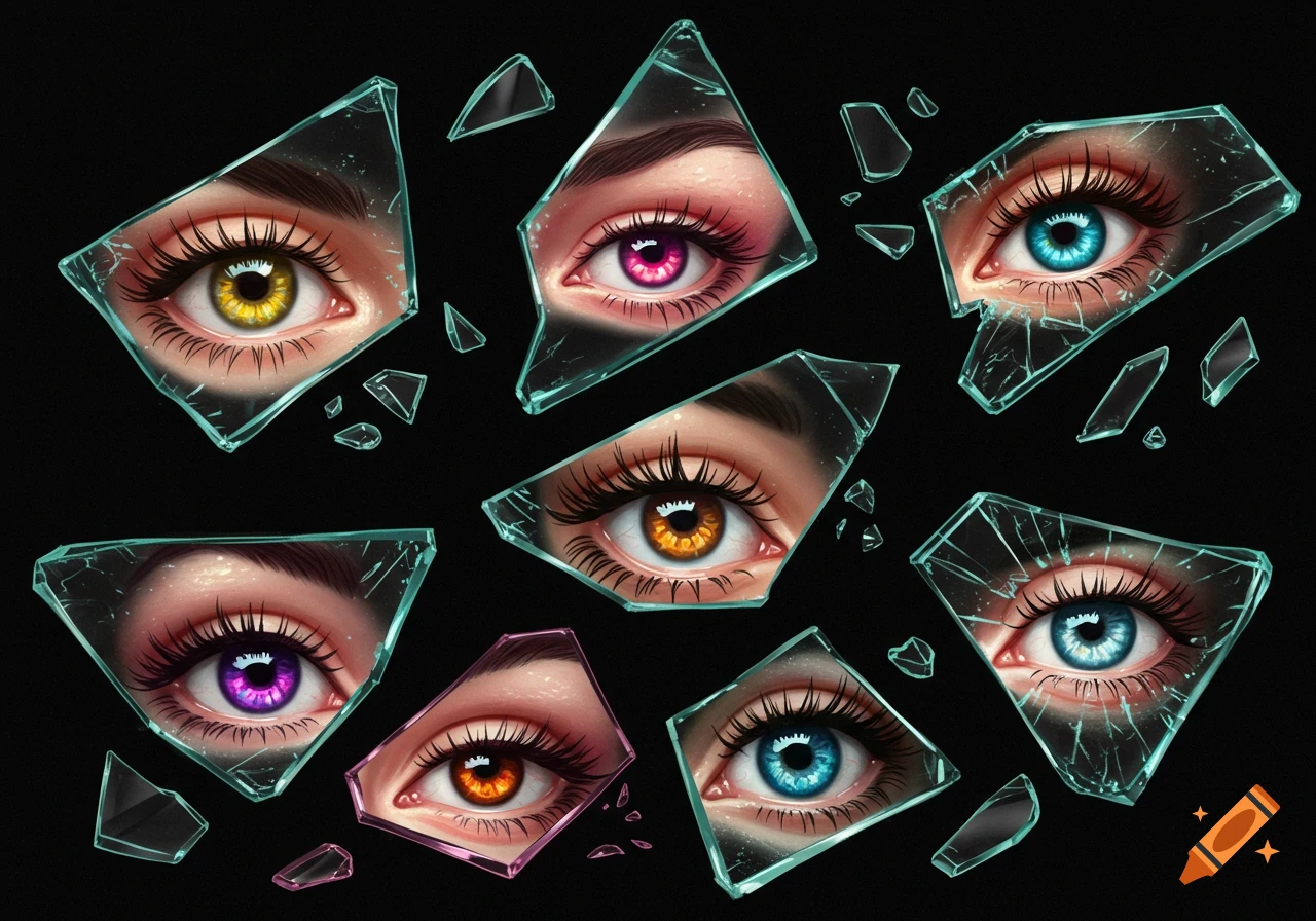 Colorful eyes seen through jagged pieces of broken glass