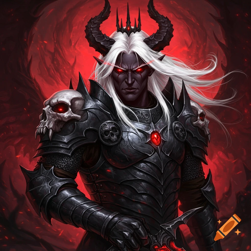 A demon king in dark armor with horns and red eyes.