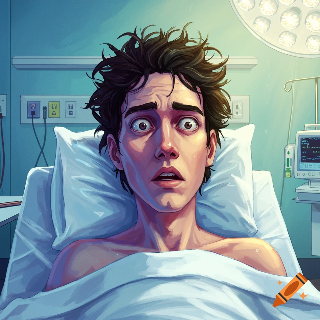 A confused man wakes up in a hospital bed.
