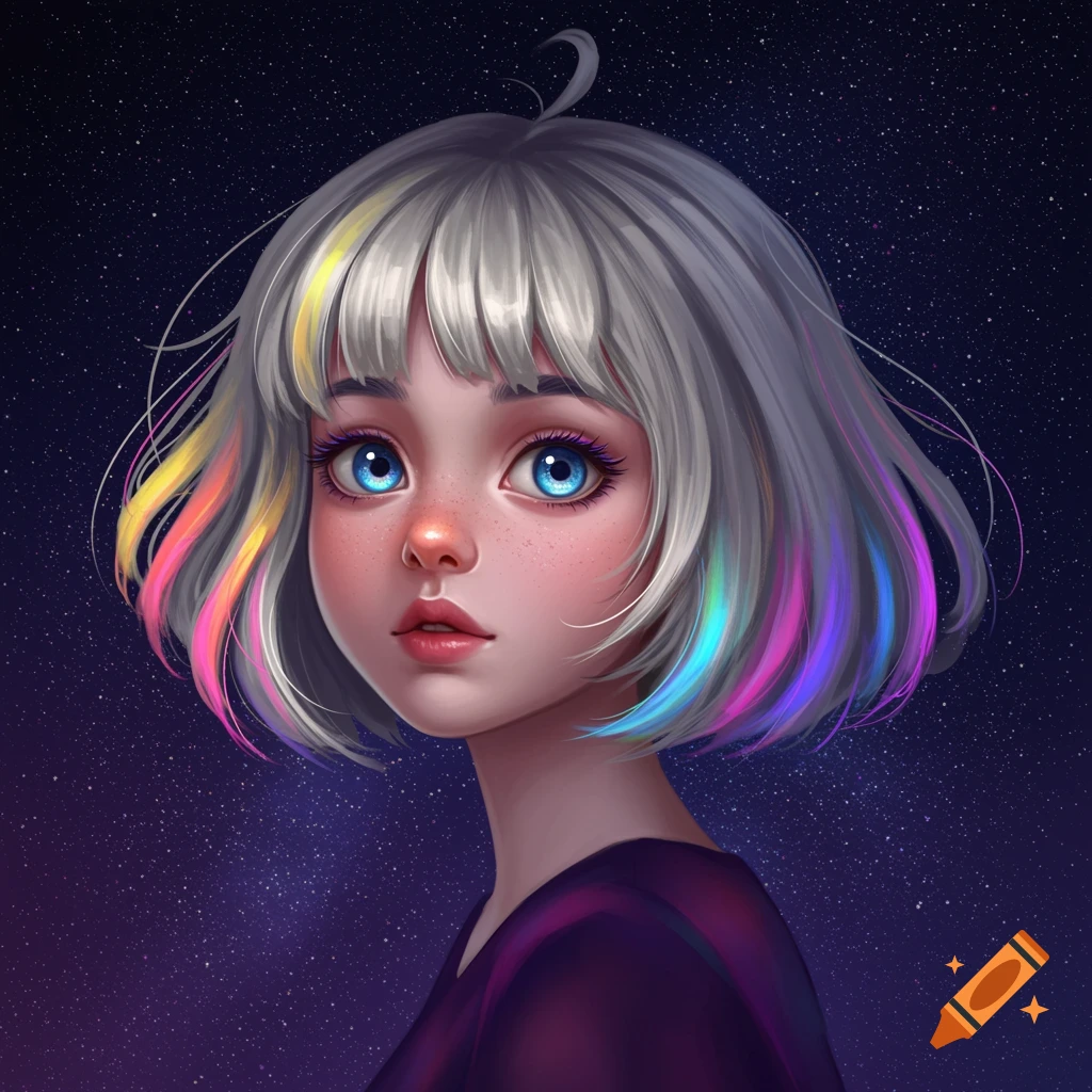 Anime-style girl with rainbow highlights in her hair and big blue eyes against a starry sky.