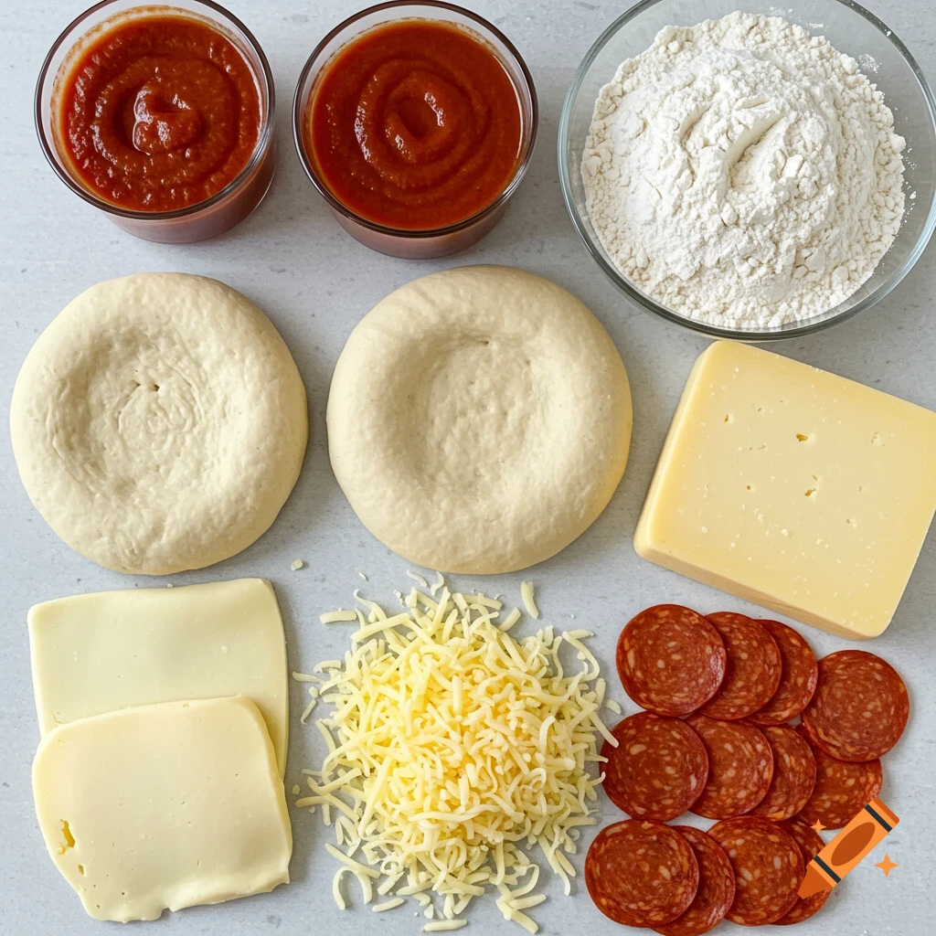 Overhead view of pizza ingredients: sauce, dough, shredded cheese, provolone slices, pepperoni, and flour.