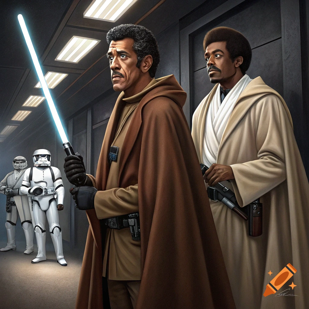 Two men resembling Dean Martin and Sammy Davis Jr in a Star Wars scene, one with a lightsaber, stormtroopers in background.