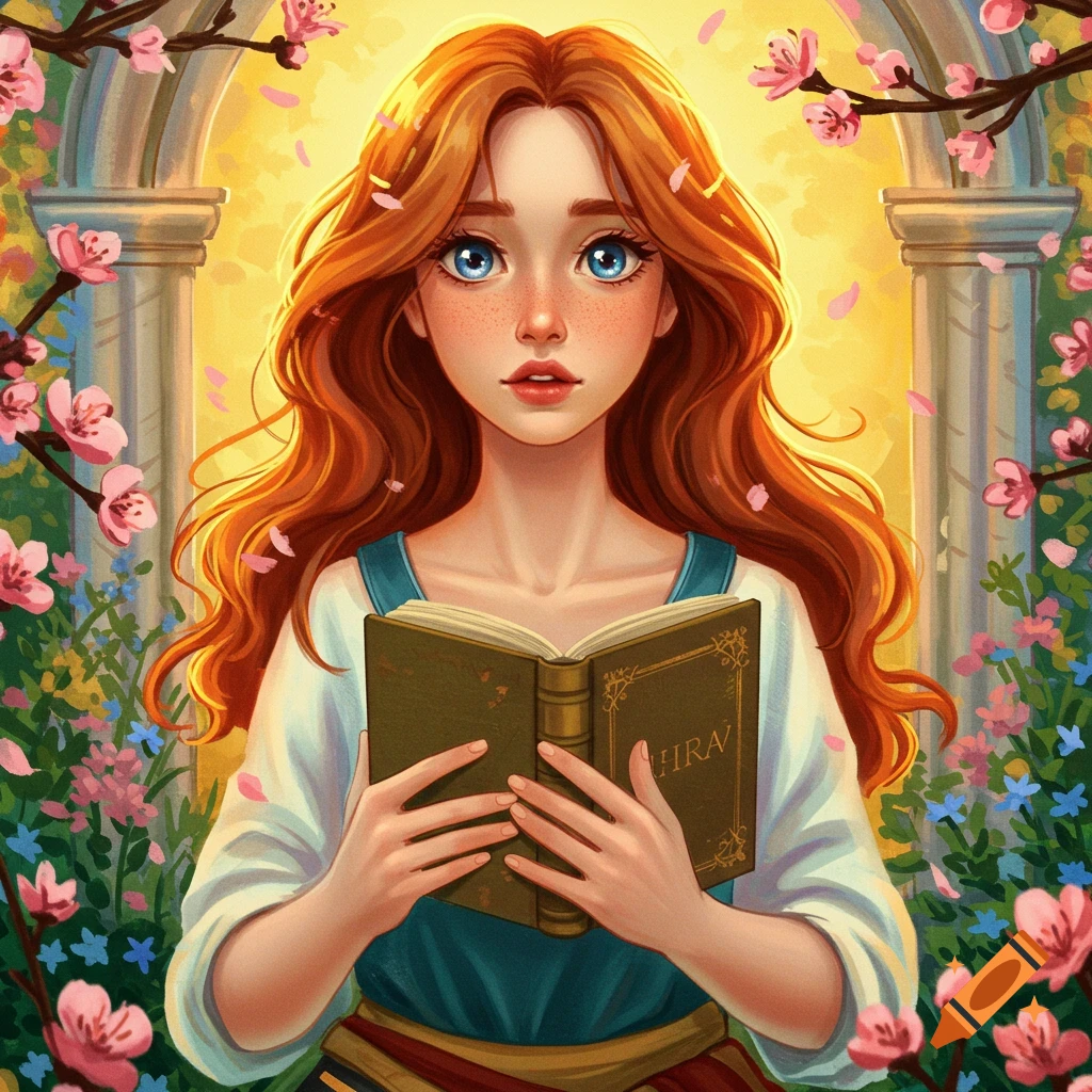 A young woman with red hair is depicted reading a book, enveloped by flowers and an archway.