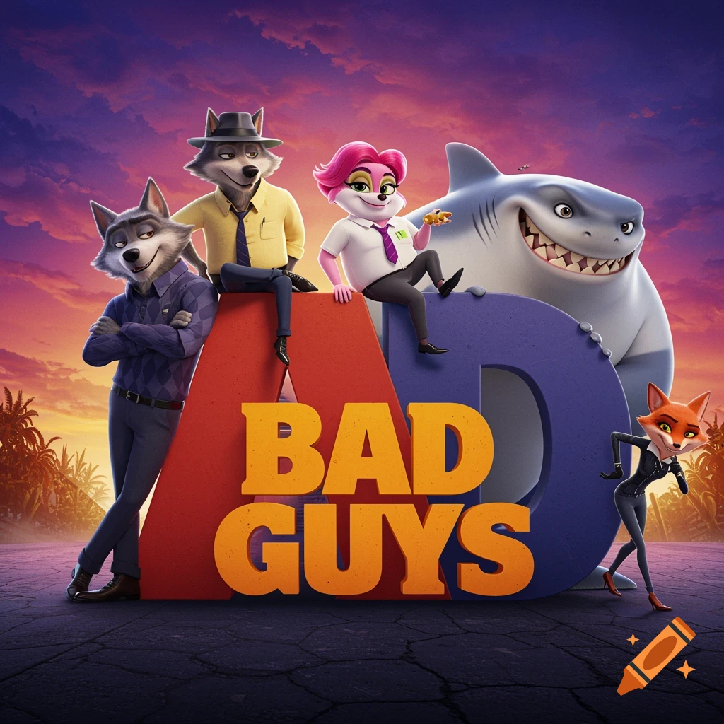 Animated movie poster with characters from Bad Guys posing around large 'BAD GUYS' letters at sunset.