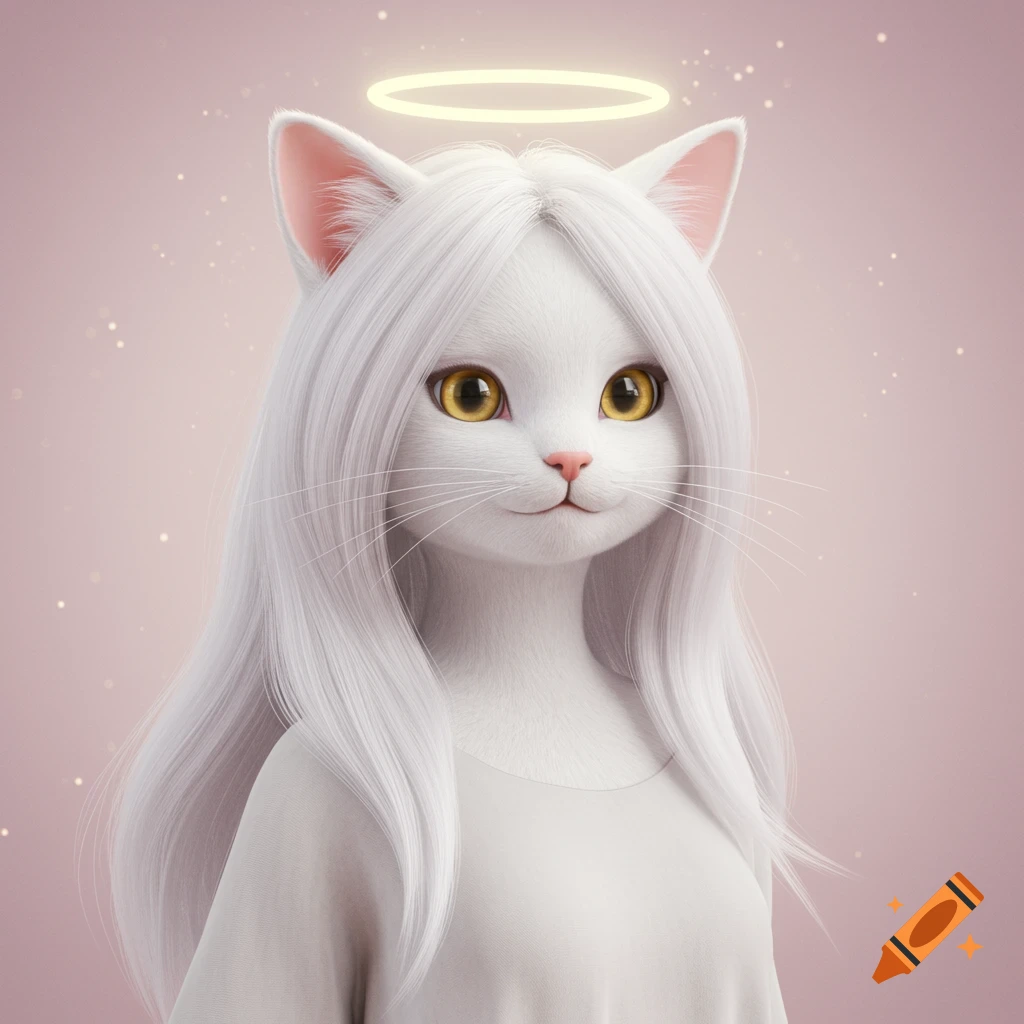 A white cat with long white hair and a glowing halo.