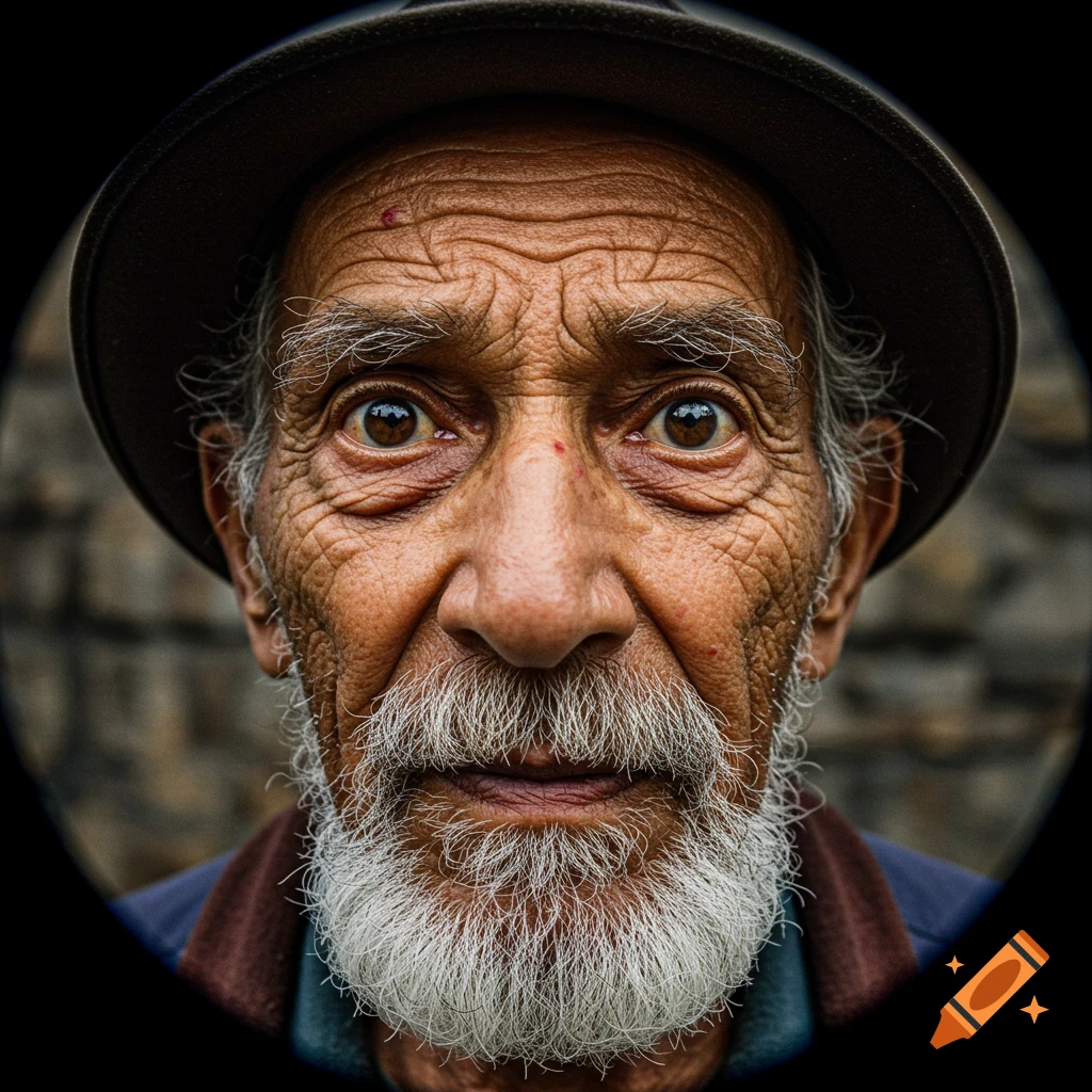 Close-up fisheye portrait of an old man with white beard and hat, textured skin