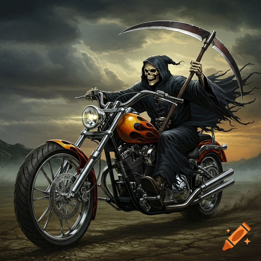 A biker grim reaper riding a motorcycle against a cloudy sky.
