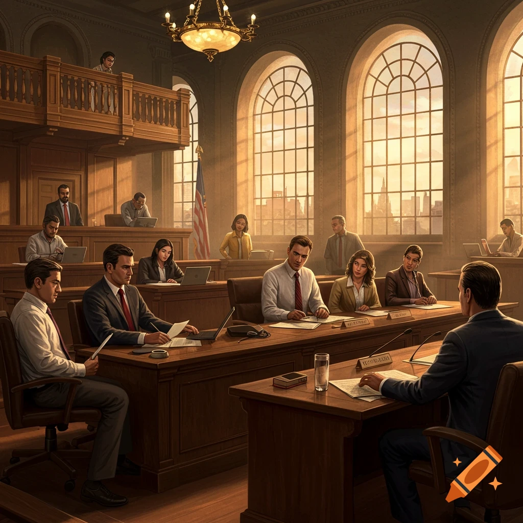 Men and women in a formal courtroom or meeting setting