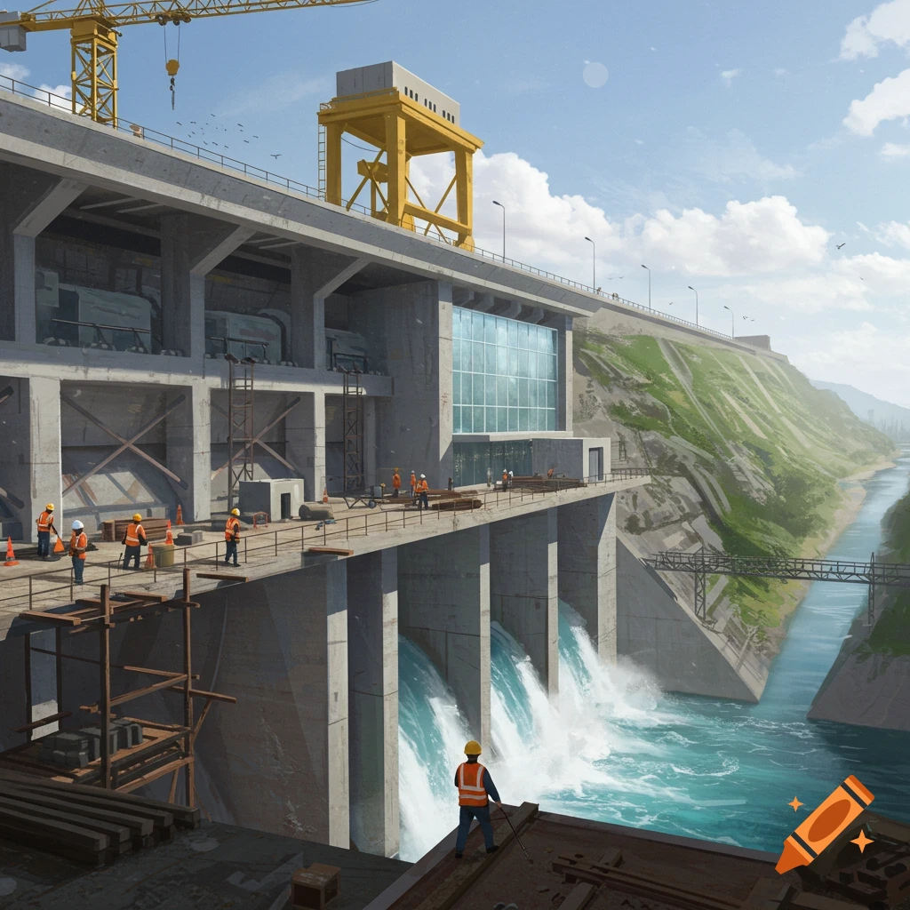 A large hydro dam under construction with workers and cranes.