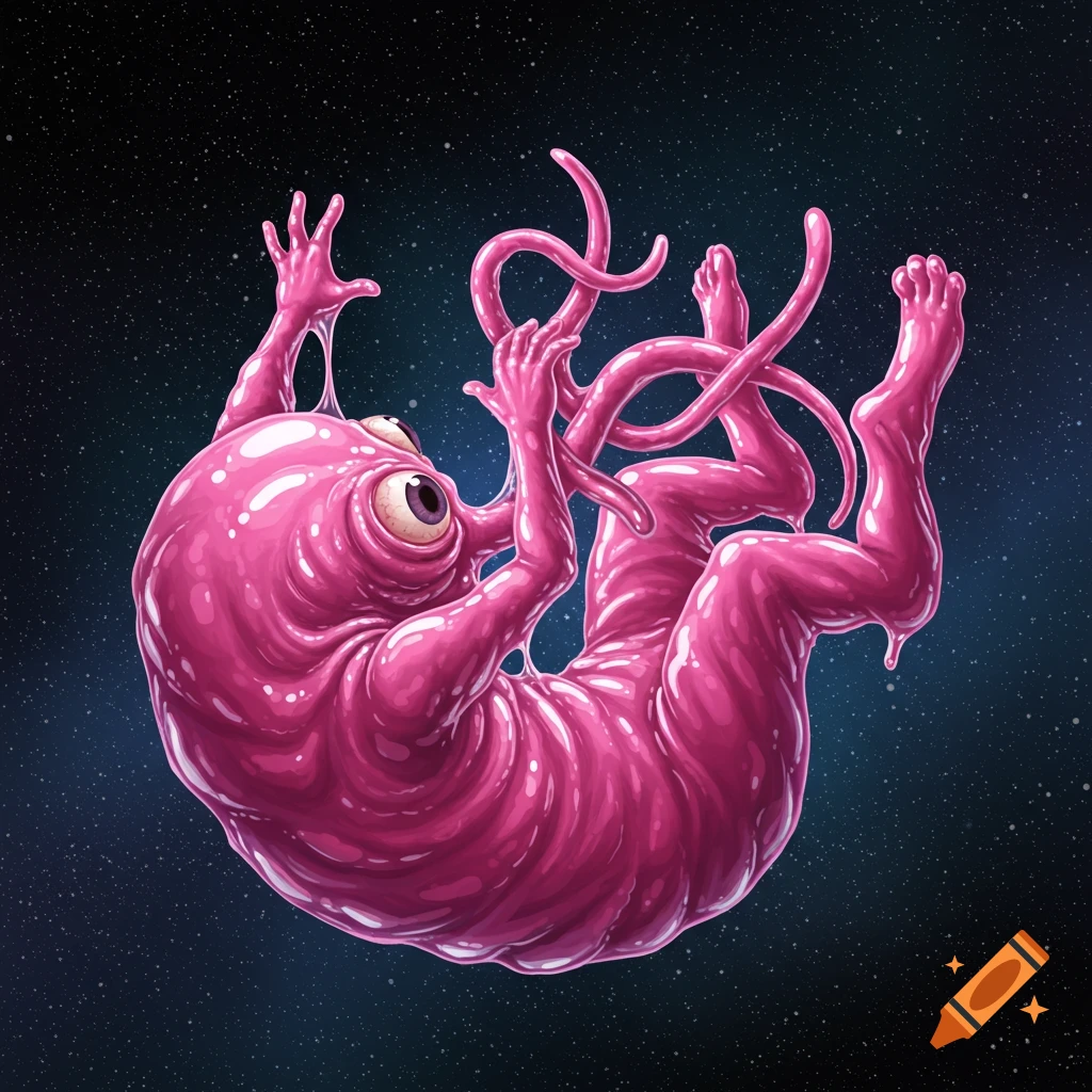 A slimy pink alien creature with multiple limbs floats in space, digital art.