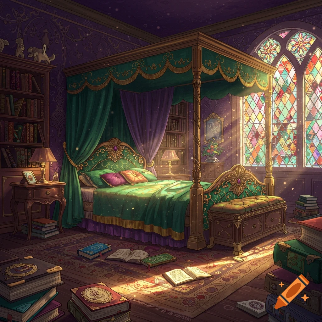 A stylized fantasy bedroom with a canopy bed, stained glass window, and scattered books.