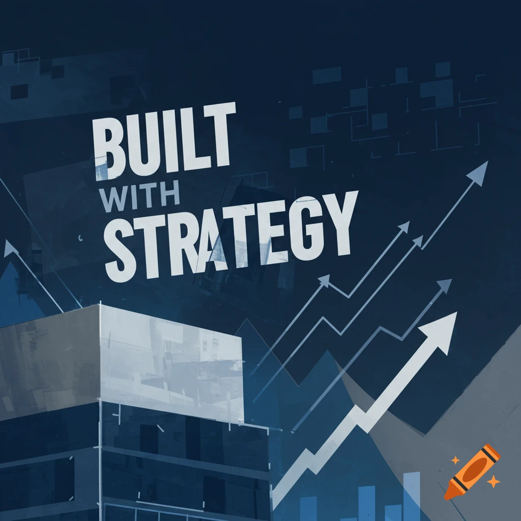 Image with text 'Built with Strategy', growth charts, and a building.