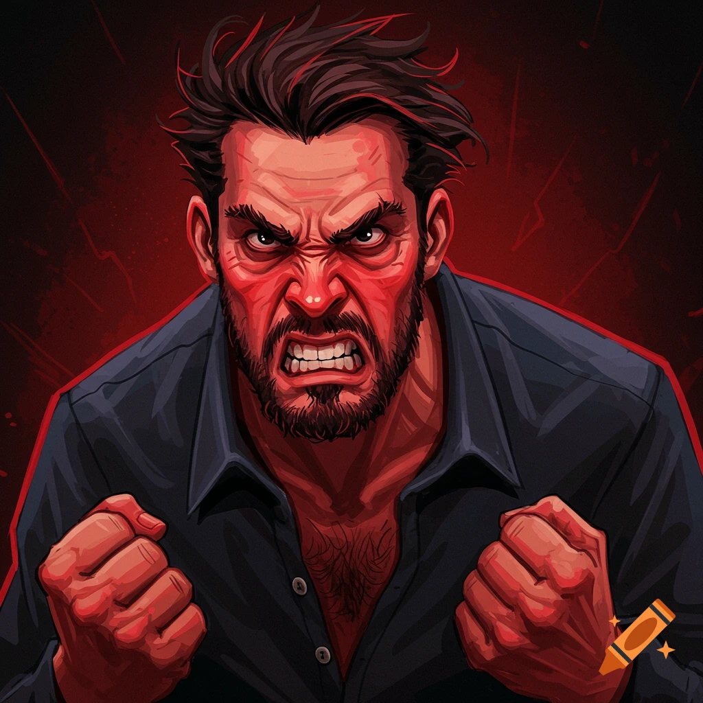 An angry man with red-tinged skin and dark clothing, clenching his fists.
