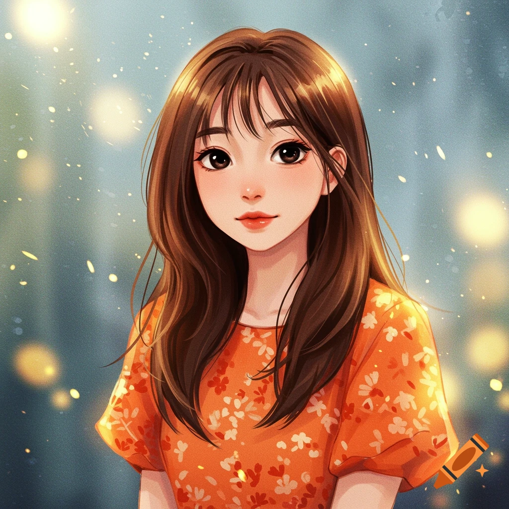 A young girl with long brown hair wearing an orange floral dress.