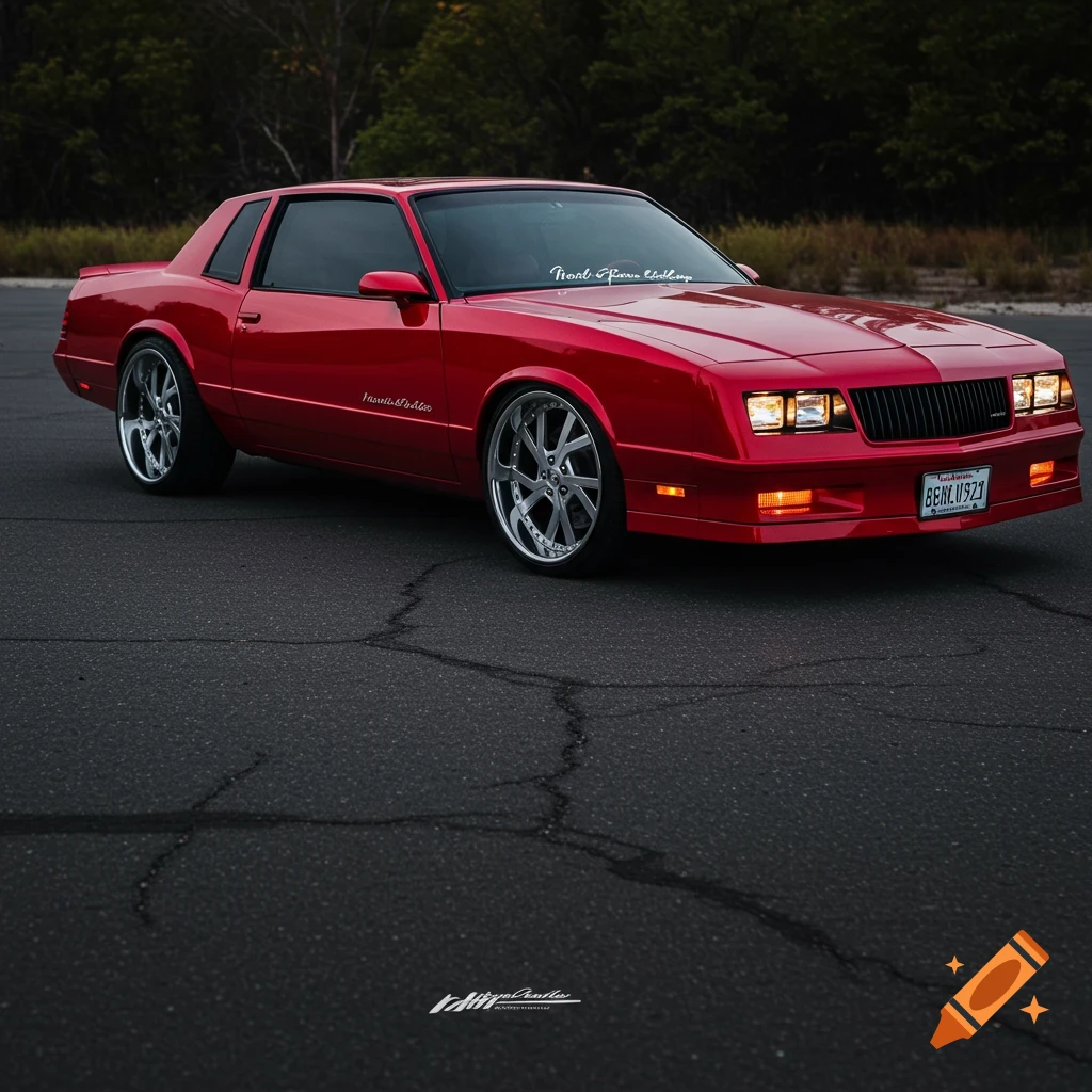 A red coupe car with custom chrome wheels is parked on asphalt.
