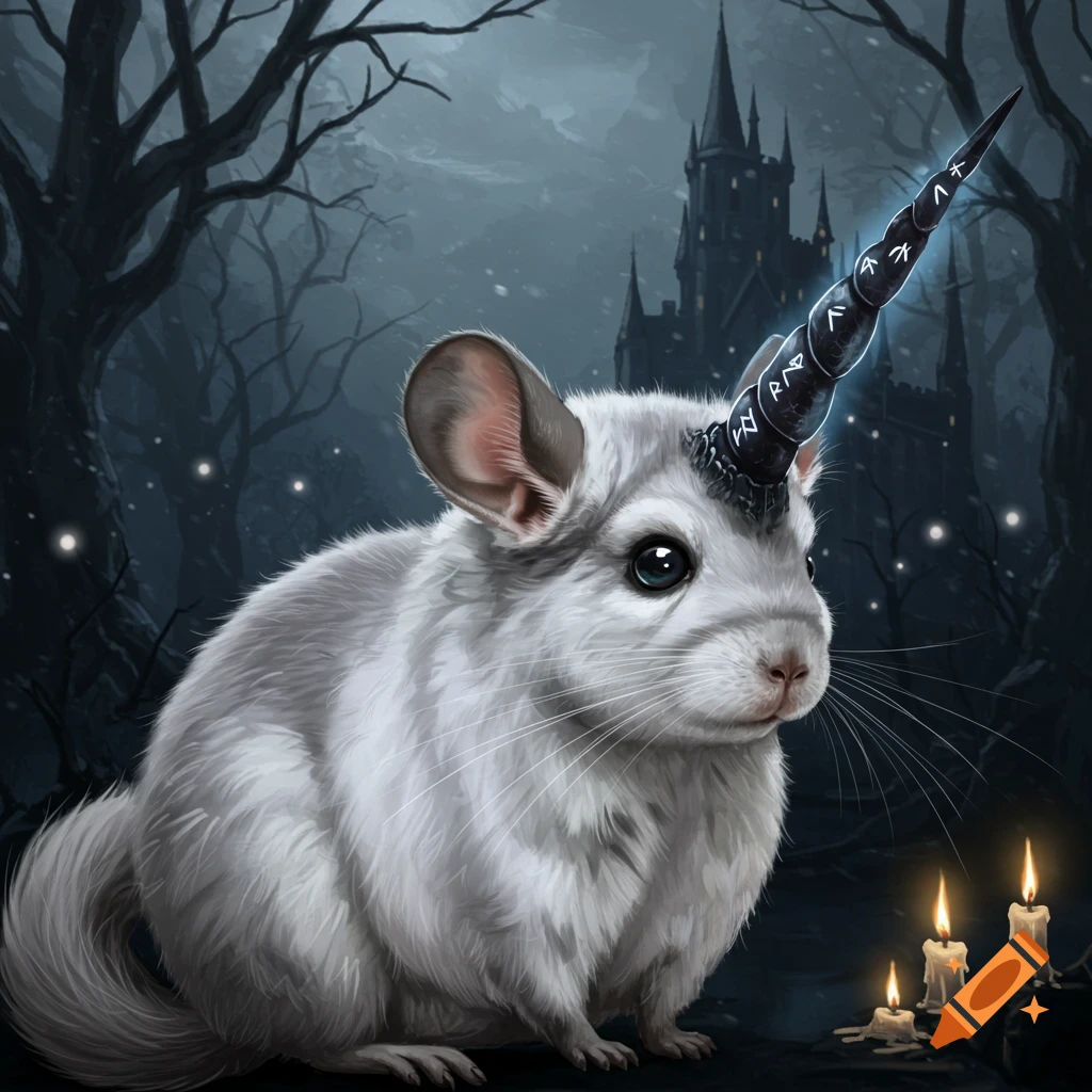Chinchilla unicorn hybrid, gothic and magical style image description ...