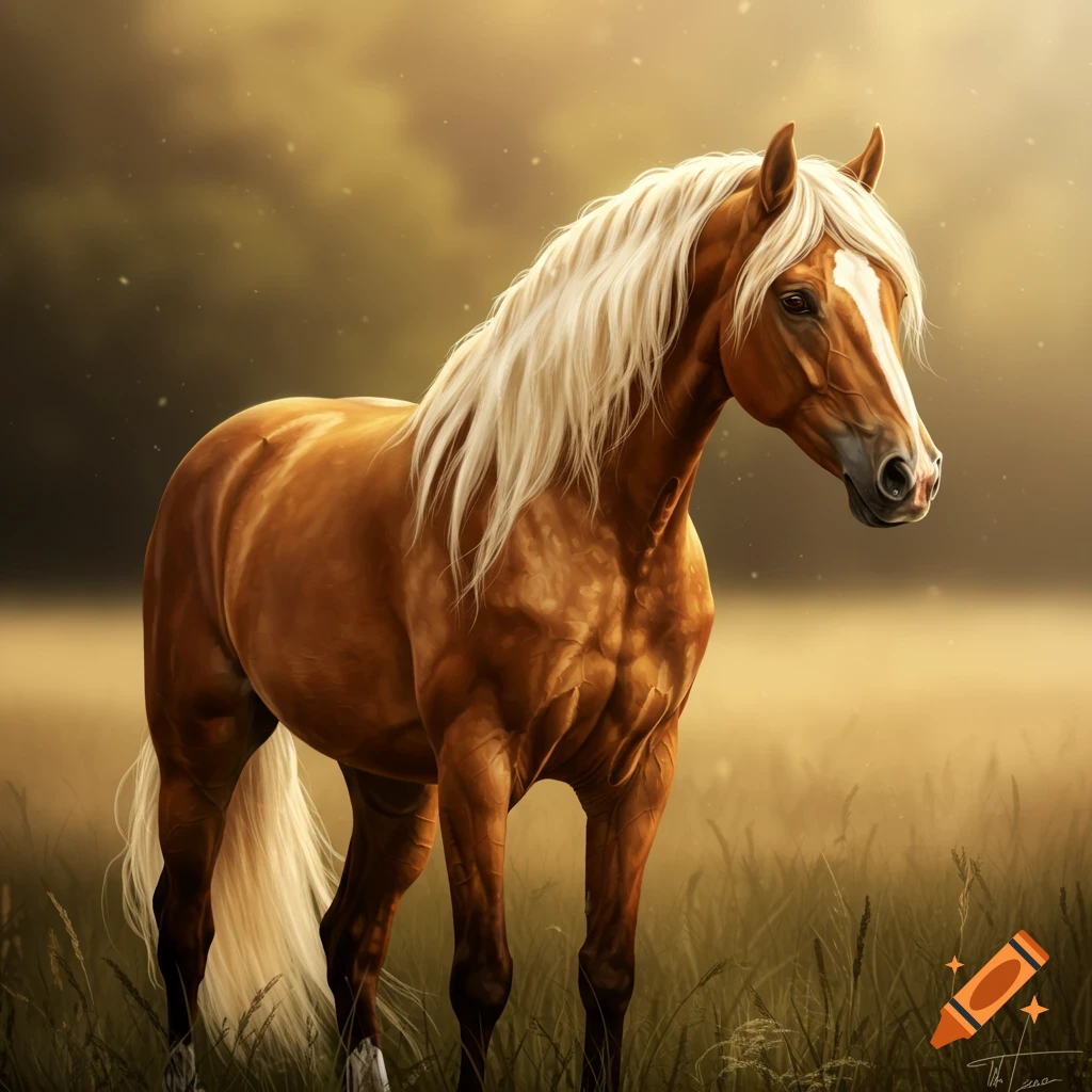 A palomino horse stands in a sunlit field.