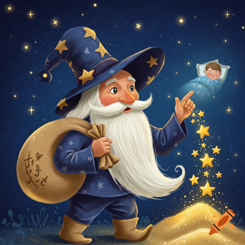 A whimsical sandman wizard is walking under a star-filled night sky, carrying a bag and pointing towards a sleeping child.