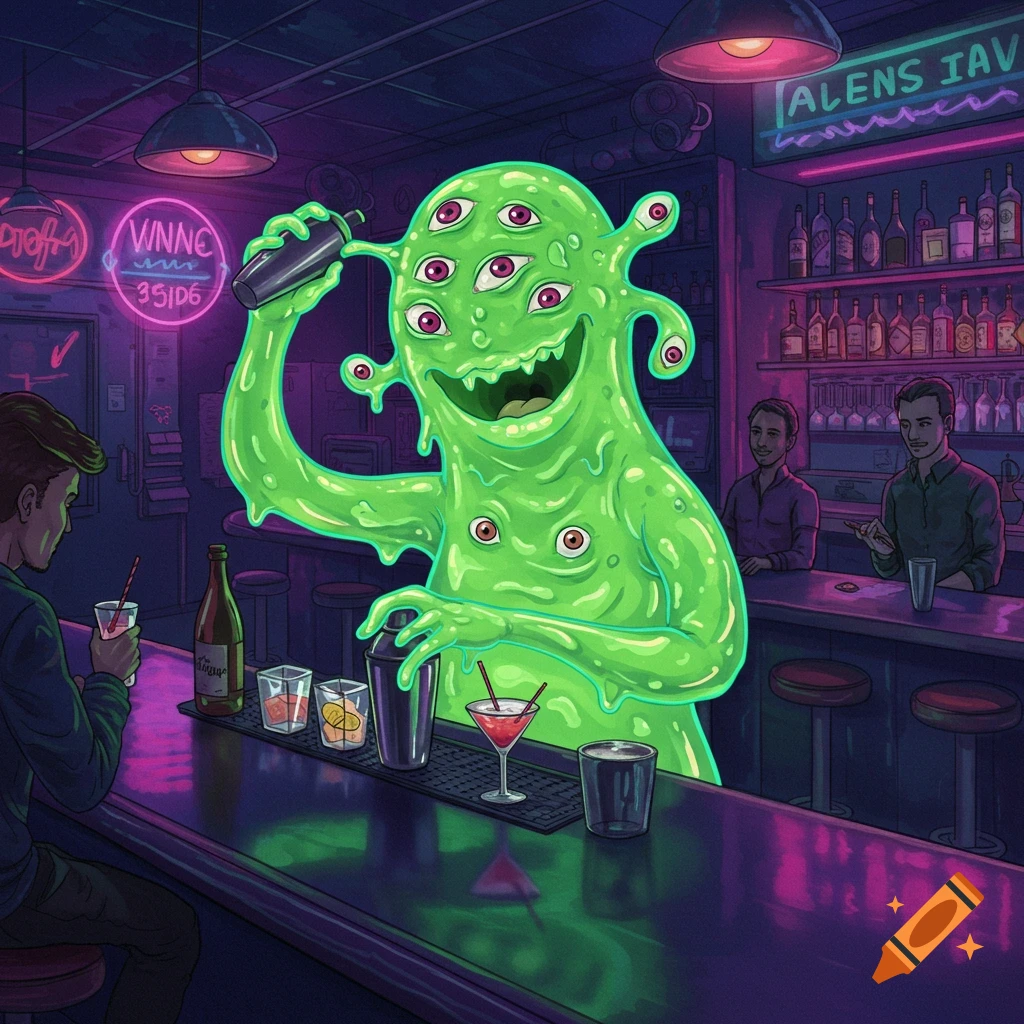 Green, multi-eyed slime creature bartender mixes a drink at a bar for a customer, digital art
