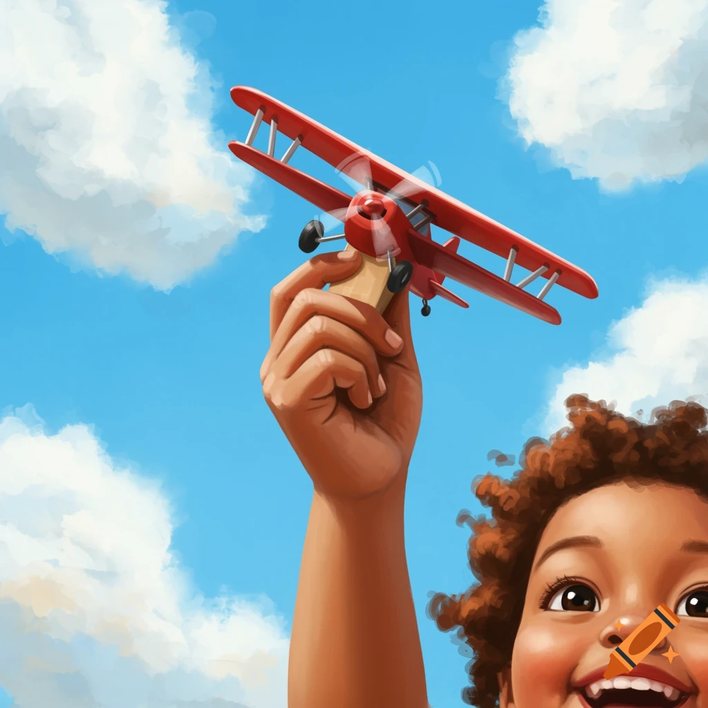 A child's hand holding a red toy biplane against a blue sky, with the child's smiling face visible.