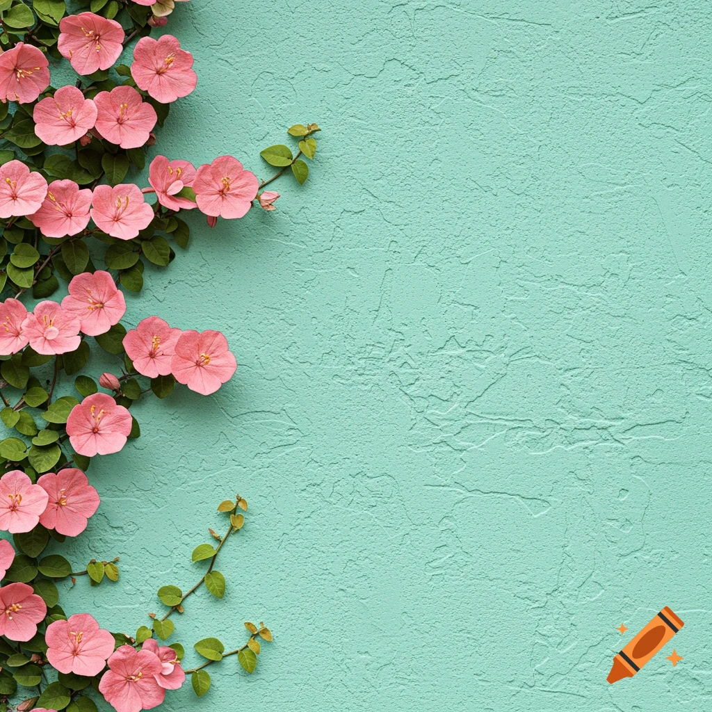 Pink flowers and green leaves climbing a textured teal wall.