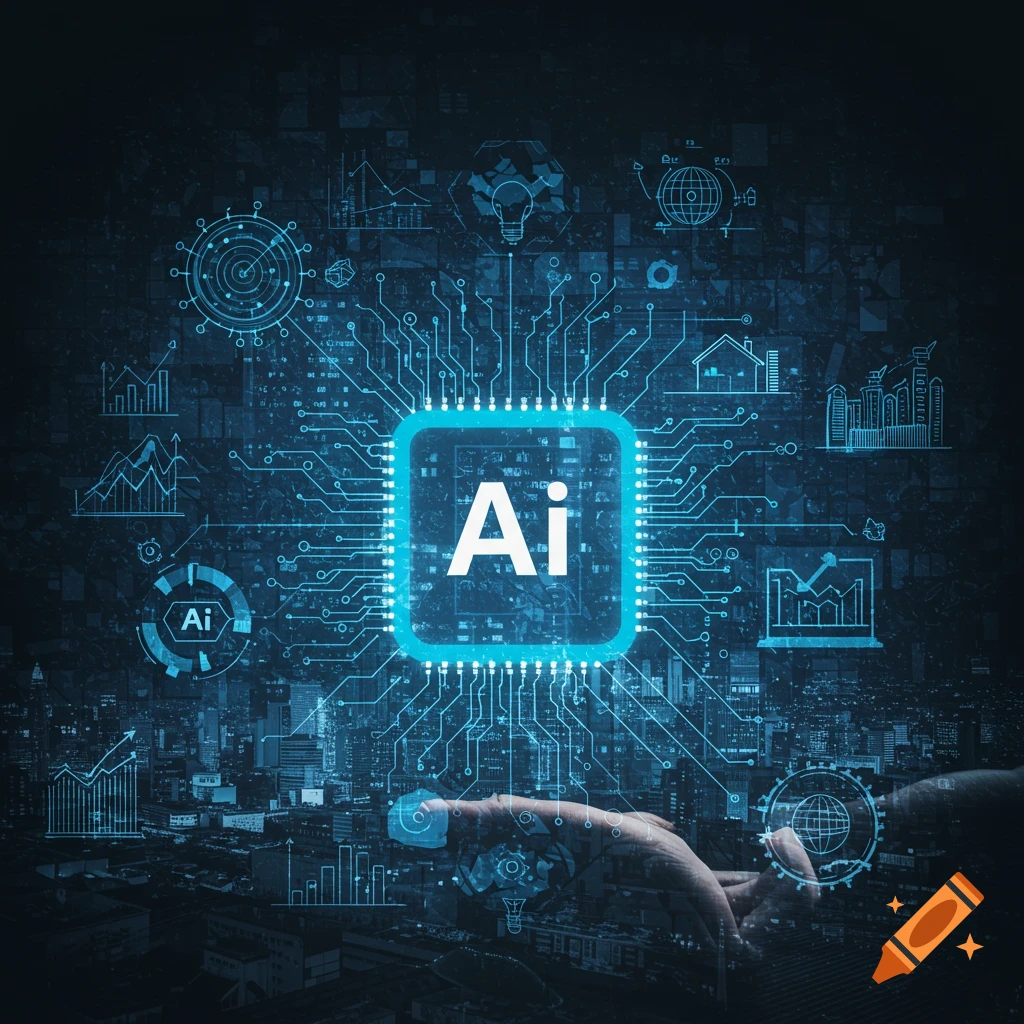 Digital illustration of an AI chip over a cityscape with data visualizations and hands interacting.