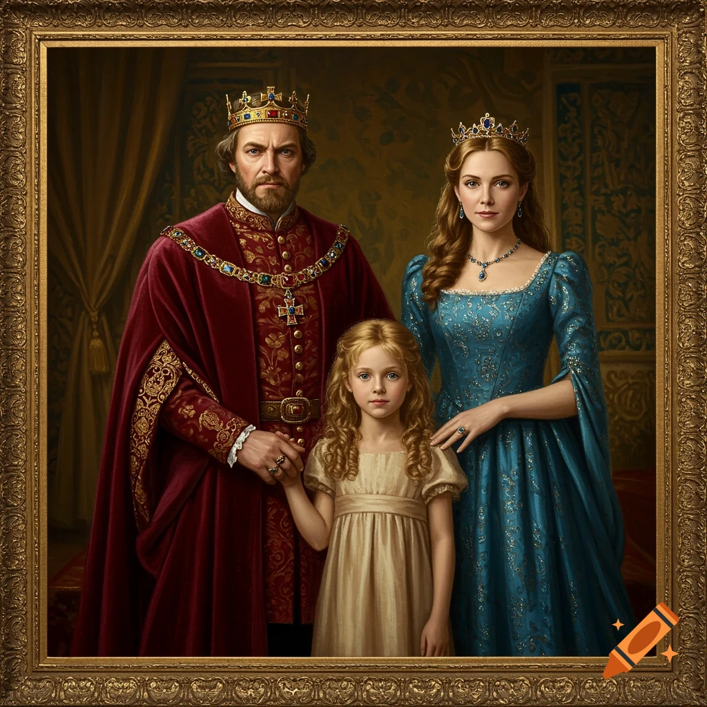 A classic oil portrait of a king, queen, and young princess in regal attire.